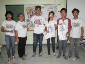 Photo featuring Third Prize winner Gian Carlo Sandro, Second Prize winner Analuz Reynales, and Grand Prize winner Jopeth Buñag striking a pose with the contest organizers and one of the judges